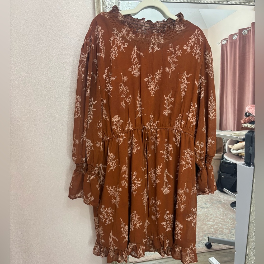 SHEIN Rust Floral Long Sleeve Dress
